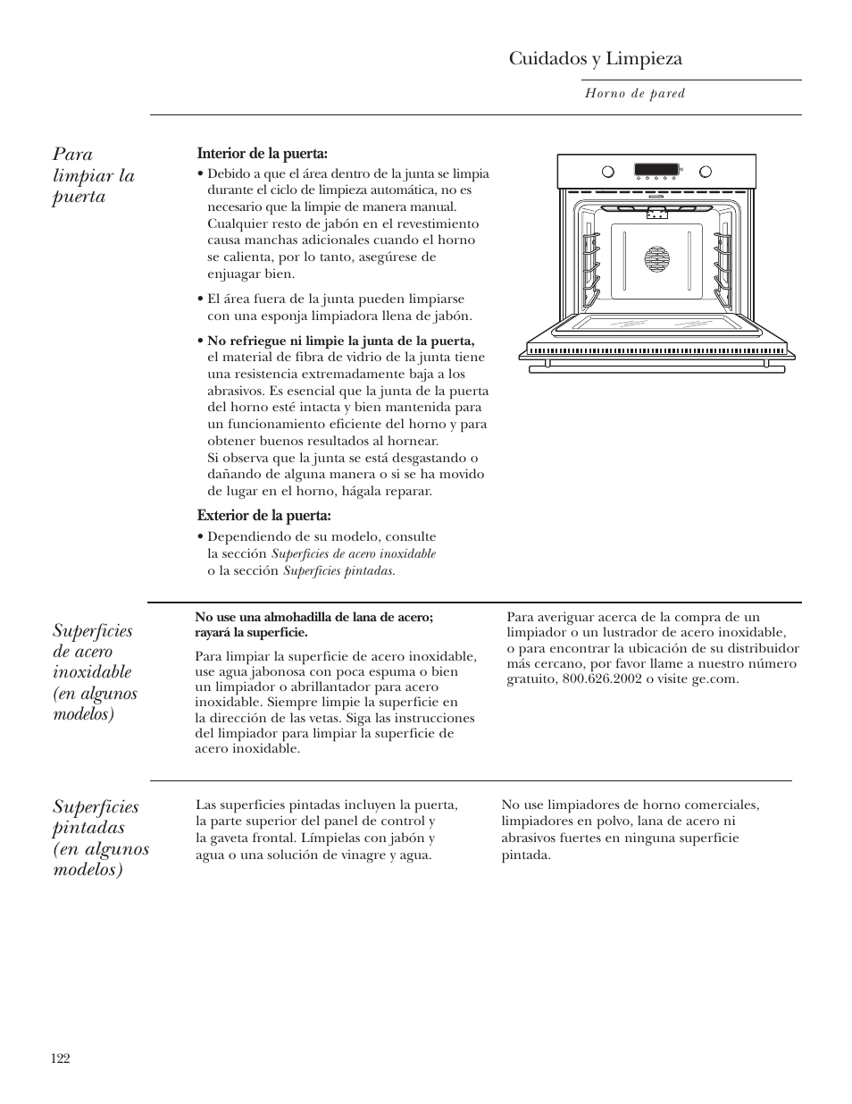 Para limpiar la puerta, Cuidados y limpieza, Superficies pintadas (en algunos modelos) | GE Monogram ZET2S User Manual | Page 122 / 128