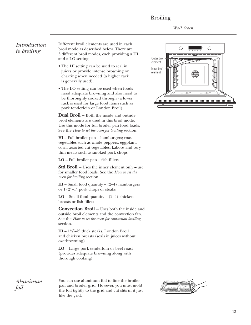 Broiling, Broiling , 14, Aluminum foil | Introduction to broiling | GE Monogram ZET2S User Manual | Page 13 / 128