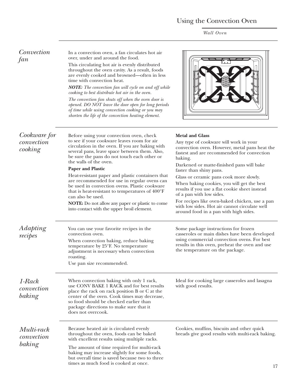 Convection cooking, Convection cooking –22, Using the convection oven | Convection fan, Cookware for convection cooking, Adapting recipes, Rack convection baking, Multi-rack convection baking | GE Monogram ZET2S User Manual | Page 17 / 128