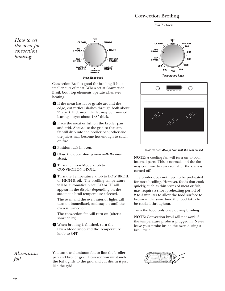 Convection broiling, How to set the oven for convection broiling, Aluminum foil | GE Monogram ZET2S User Manual | Page 22 / 128