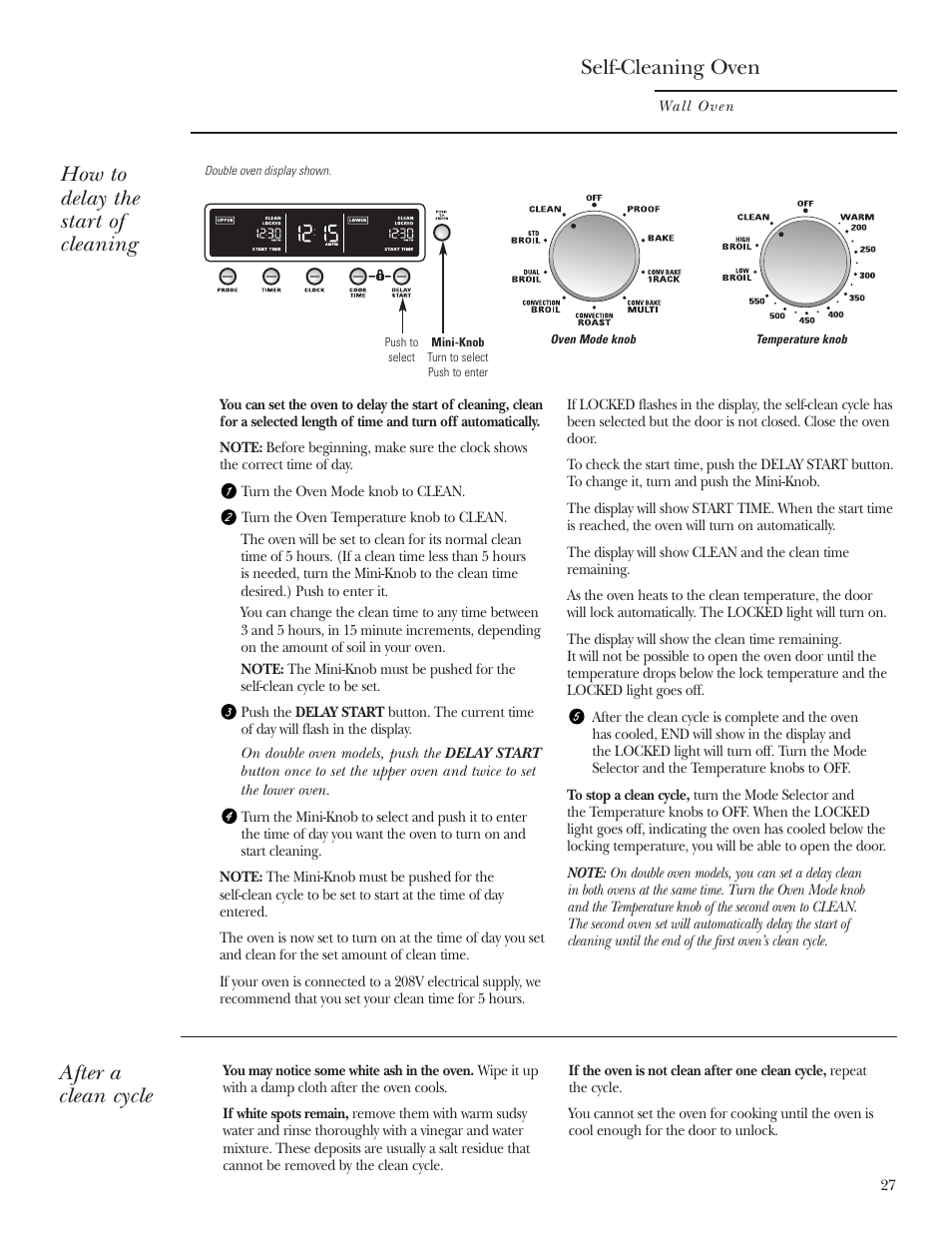 After a clean cycle, How to delay the start of cleaning, Self-cleaning oven | GE Monogram ZET2S User Manual | Page 27 / 128