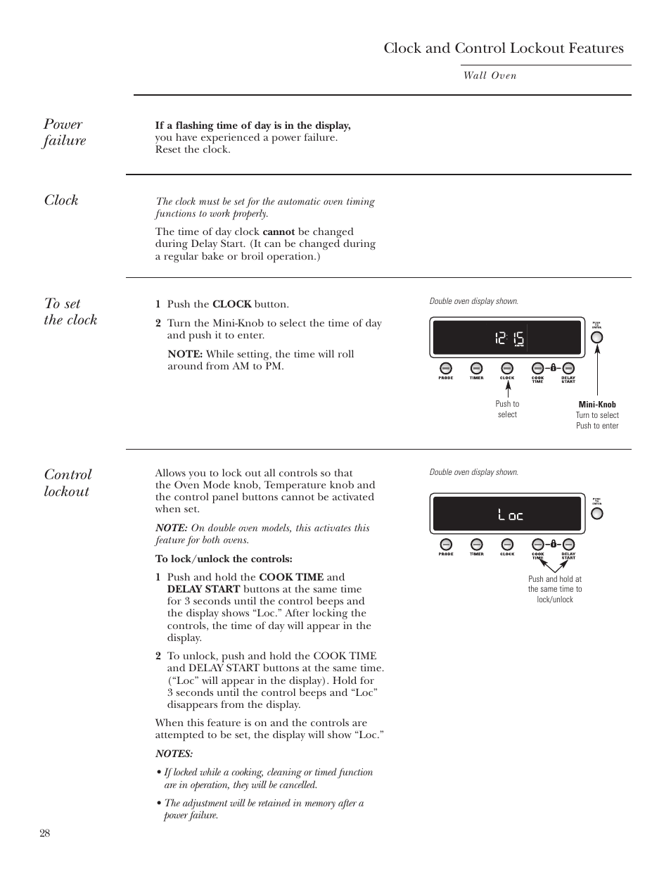 Clock, Control lockout, Clock and control lockout features | Power failure | GE Monogram ZET2S User Manual | Page 28 / 128