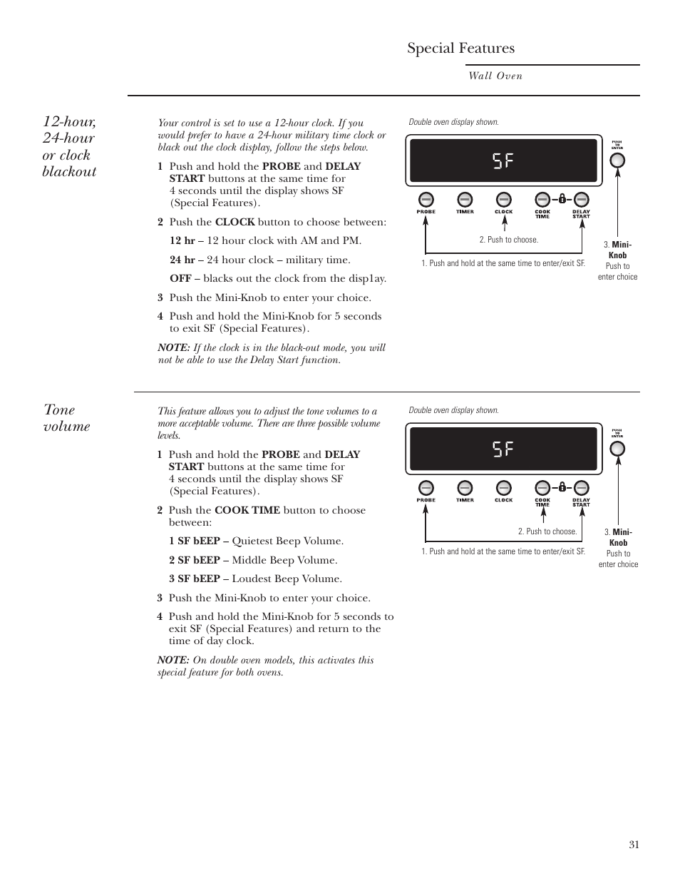 Tone volume, Special features, Hour, 24-hour or clock blackout | GE Monogram ZET2S User Manual | Page 31 / 128