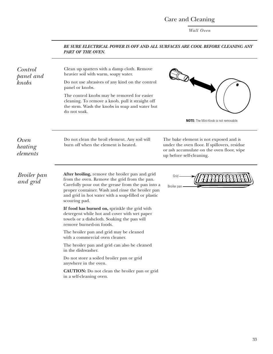 Broiler pan and grid, Control panel and knobs, Oven heating elements | Care and cleaning | GE Monogram ZET2S User Manual | Page 33 / 128