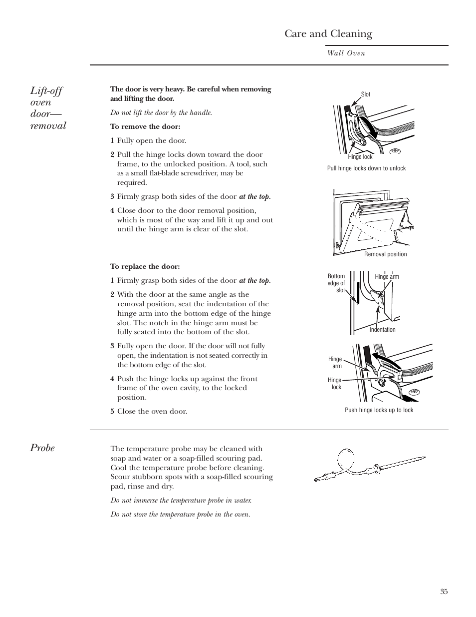 Oven door, Probe, Oven door , 37 | Care and cleaning, Lift-off oven door— removal | GE Monogram ZET2S User Manual | Page 35 / 128