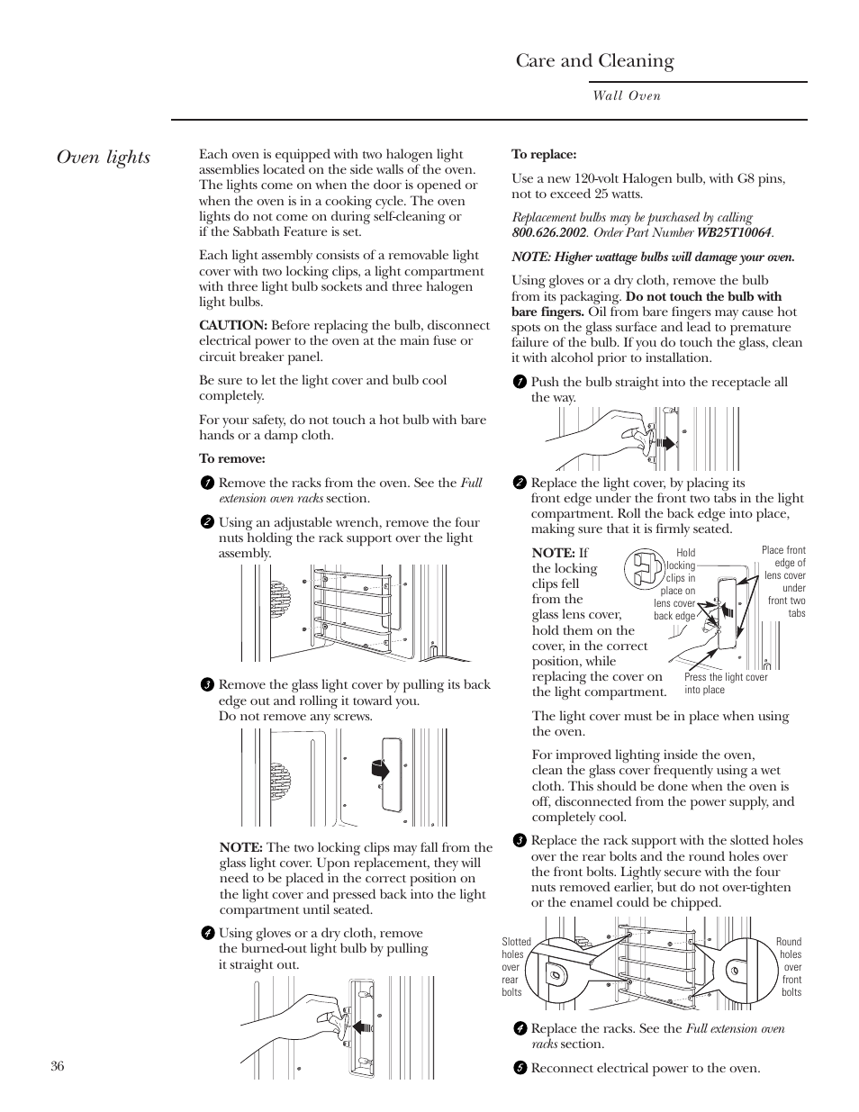 Oven lights, Care and cleaning | GE Monogram ZET2S User Manual | Page 36 / 128