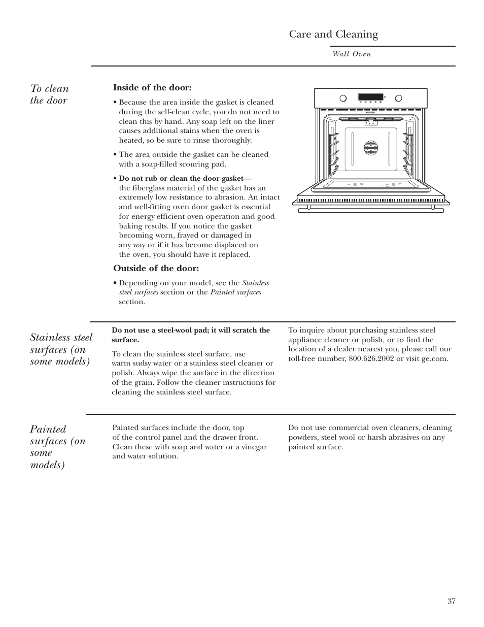 Care and cleaning, Painted surfaces (on some models), Stainless steel surfaces (on some models) | GE Monogram ZET2S User Manual | Page 37 / 128