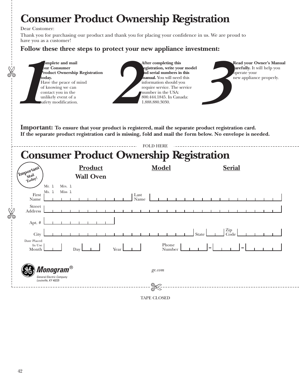 Consumer product ownership registration | GE Monogram ZET2S User Manual | Page 42 / 128