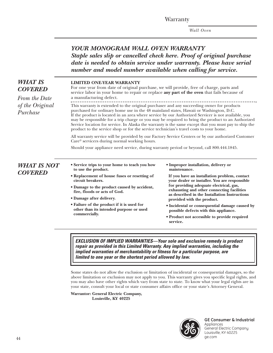 Warranty, What is not covered | GE Monogram ZET2S User Manual | Page 44 / 128