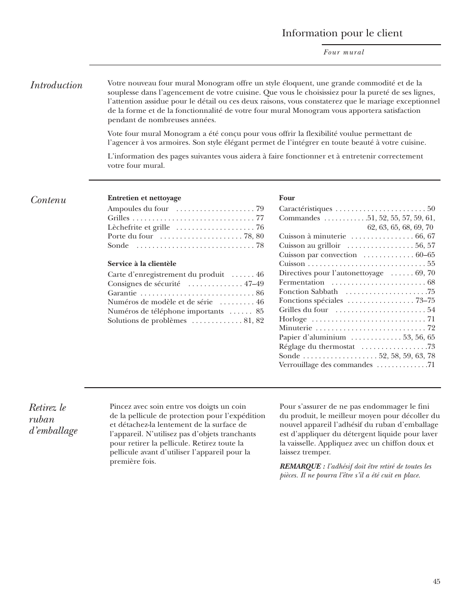 French, Entretien et nettoyage, Service à la clientèle | Four, Information pour le client, Introduction, Contenu, Retirez le ruban d’emballage | GE Monogram ZET2S User Manual | Page 45 / 128