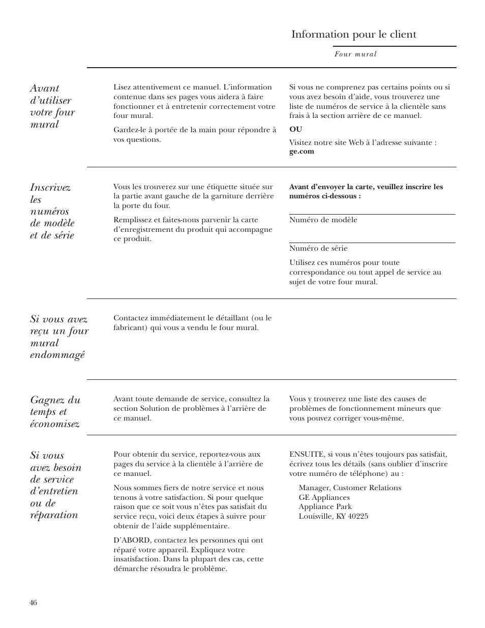 Carte d’enregistrement du produit, Numéros de modèle et de série, Avant d’utiliser votre four mural | Inscrivez les numéros de modèle et de série, Si vous avez reçu un four mural endommagé, Gagnez du temps et économisez, Information pour le client | GE Monogram ZET2S User Manual | Page 46 / 128