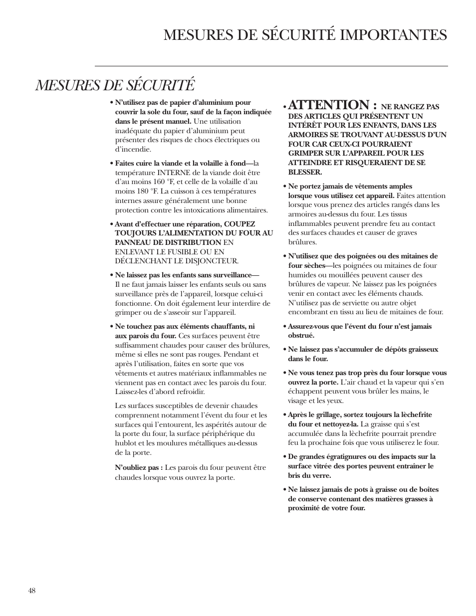 Mesures de sécurité, Mesures de sécurité importantes, Attention | GE Monogram ZET2S User Manual | Page 48 / 128