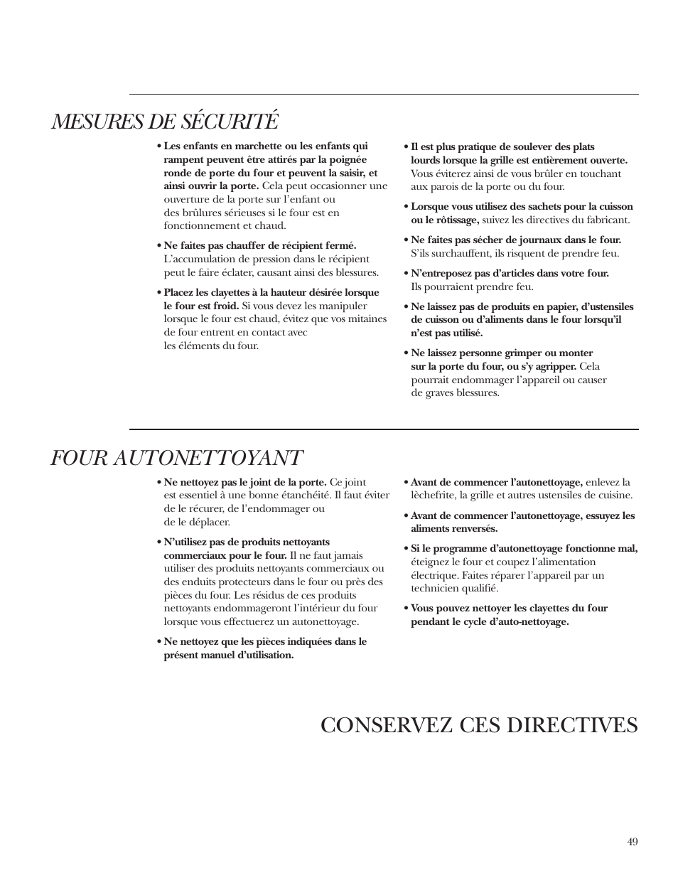 Conservez ces directives mesures de sécurité, Four autonettoyant | GE Monogram ZET2S User Manual | Page 49 / 128