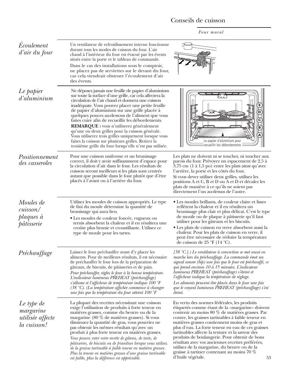 Papier d’aluminium, Papier d’aluminium , 56, 65, Conseils de cuisson | Positionnement des casseroles, Préchauffage le papier d’aluminium, Écoulement d’air du four | GE Monogram ZET2S User Manual | Page 53 / 128