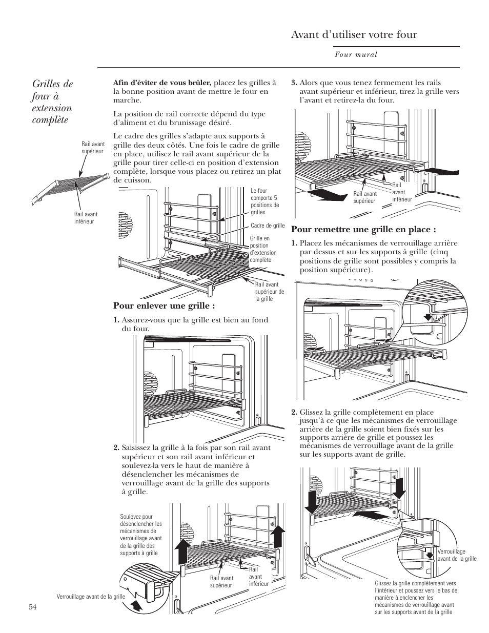 Grilles du four, Avant d’utiliser votre four, Grilles de four à extension complète | Pour enlever une grille, Pour remettre une grille en place | GE Monogram ZET2S User Manual | Page 54 / 128