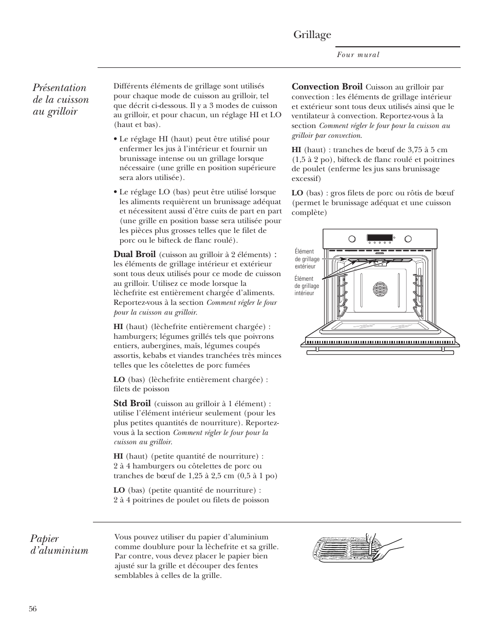 Cuisson au grilloir, Cuisson au grilloir , 57, Papier d’aluminium | Grillage, Présentation de la cuisson au grilloir | GE Monogram ZET2S User Manual | Page 56 / 128