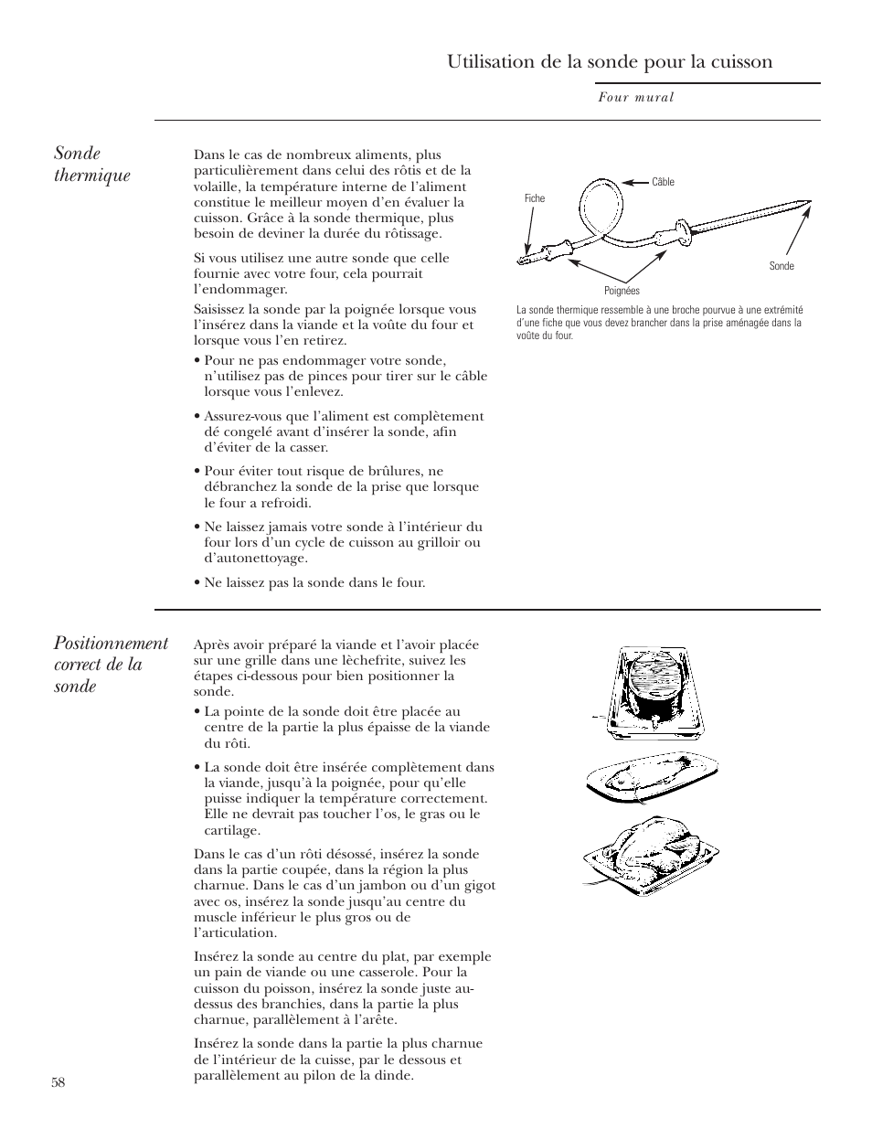 Utilisation de la sonde pour la cuisson, Sonde thermique, Positionnement correct de la sonde | GE Monogram ZET2S User Manual | Page 58 / 128