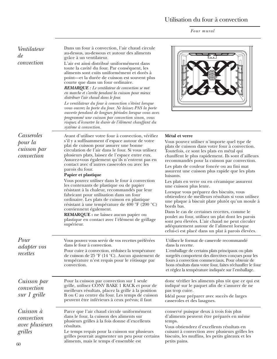 Cuisson par convection, Cuisson par convection –65, Utilisation du four à convection | Cuisson à convection avec plusieurs grilles | GE Monogram ZET2S User Manual | Page 60 / 128