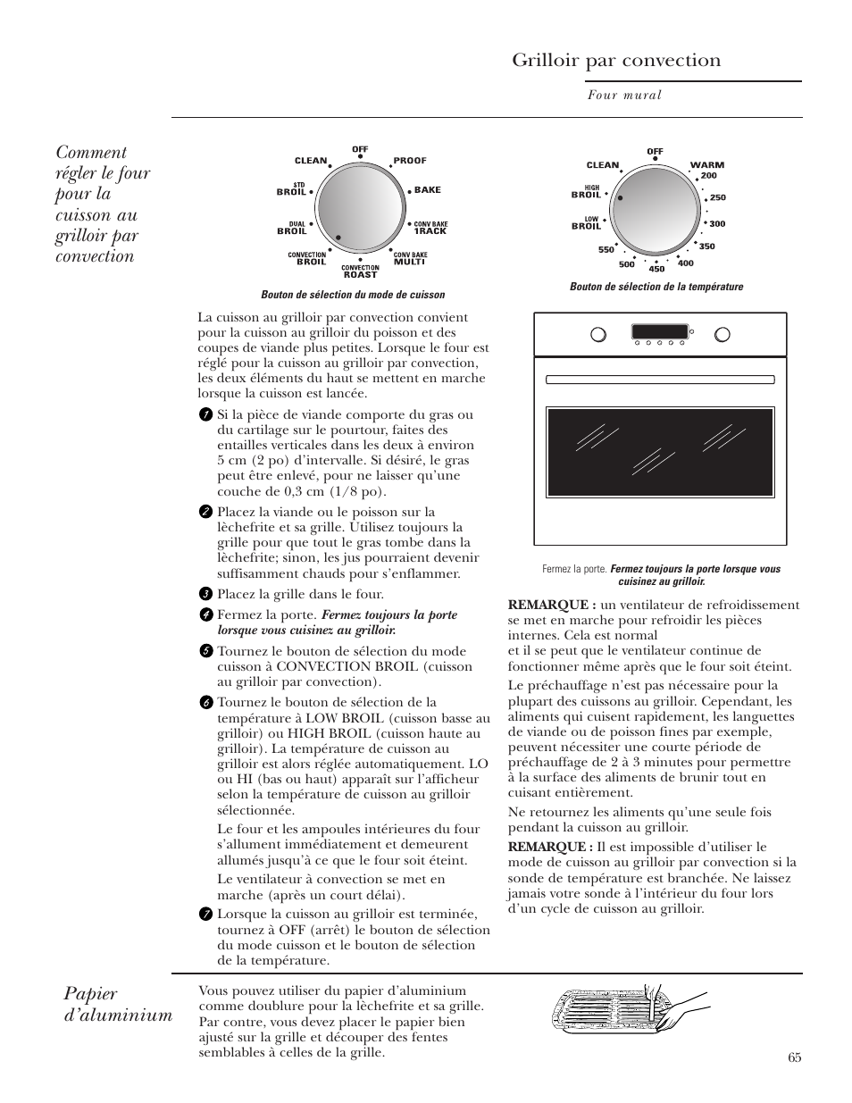 Grilloir par convection, Papier d’aluminium | GE Monogram ZET2S User Manual | Page 65 / 128