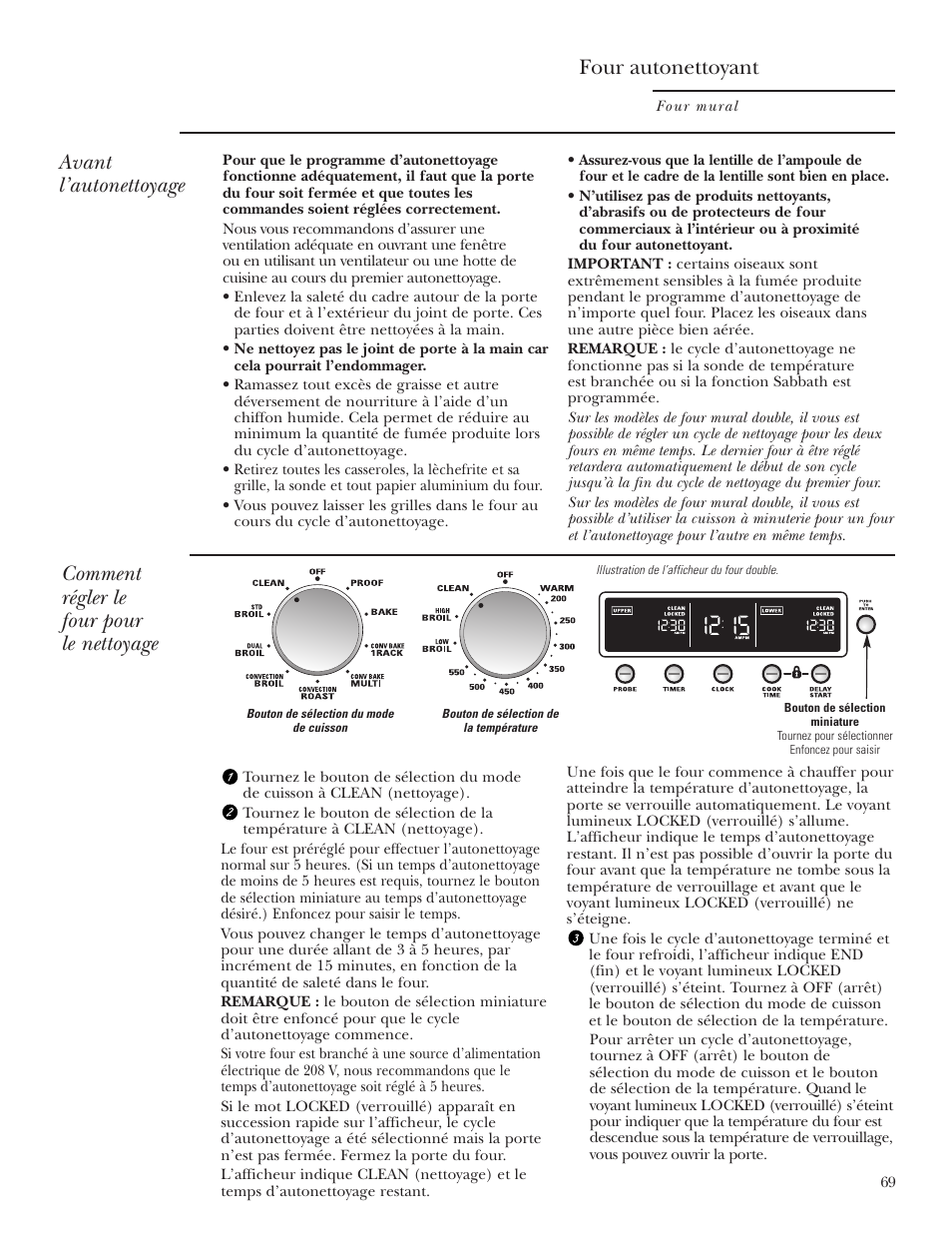 Directives pour l’autonettoyage, Directives pour l’autonettoyage , 70, Four autonettoyant | Avant l’autonettoyage, Comment régler le four pour le nettoyage | GE Monogram ZET2S User Manual | Page 69 / 128