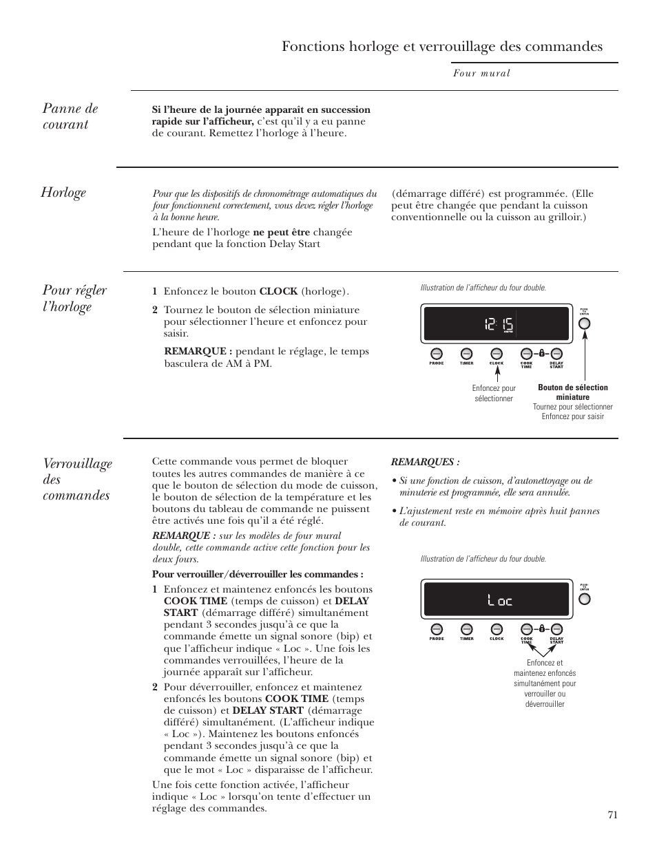 Horloge, Verrouillage des commandes, Fonctions horloge et verrouillage des commandes | Pour régler l’horloge, Panne de courant | GE Monogram ZET2S User Manual | Page 71 / 128