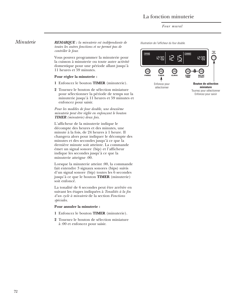 Minuterie, La fonction minuterie | GE Monogram ZET2S User Manual | Page 72 / 128