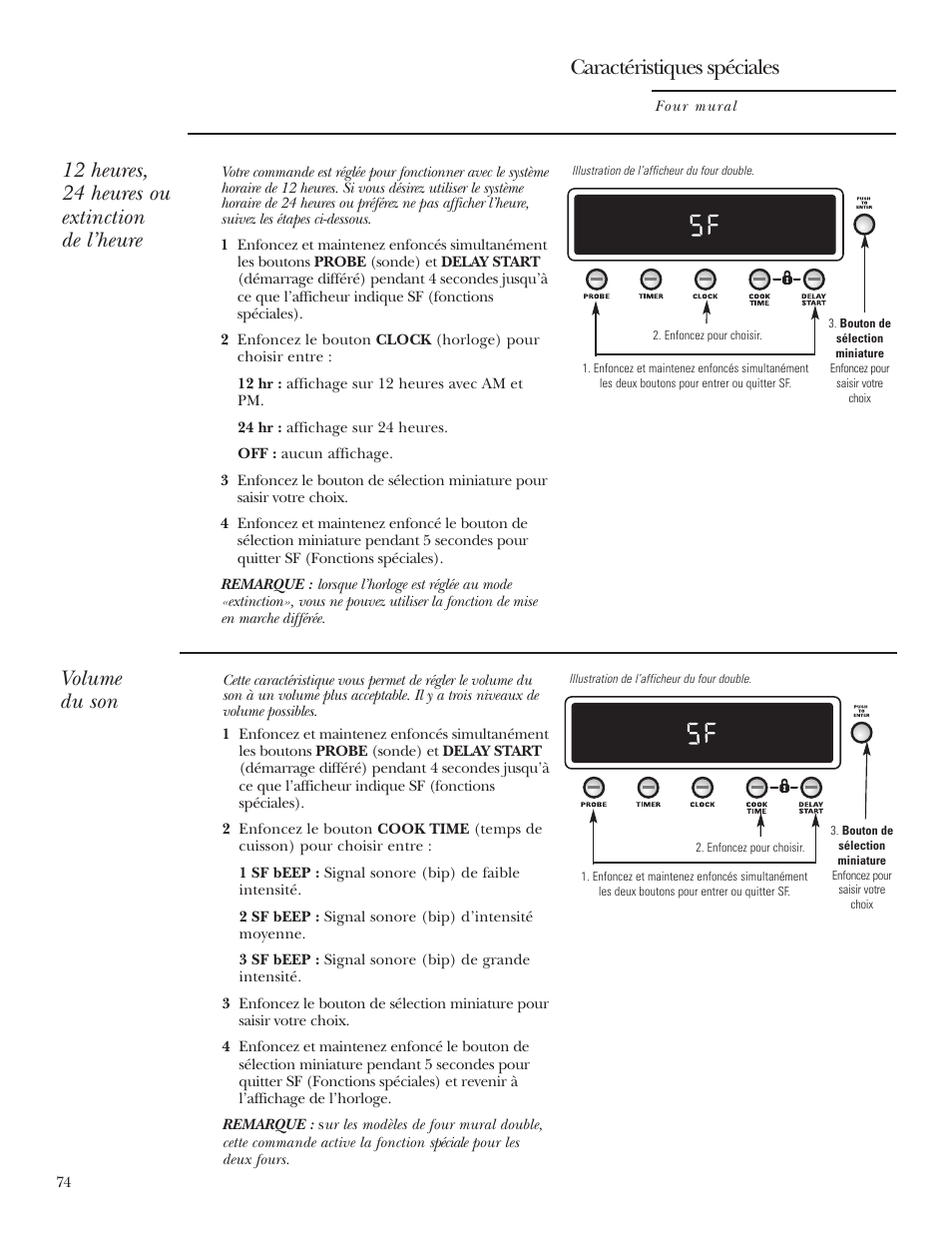 Volume du son, Caractéristiques spéciales, 12 heures, 24 heures ou extinction de l’heure | GE Monogram ZET2S User Manual | Page 74 / 128