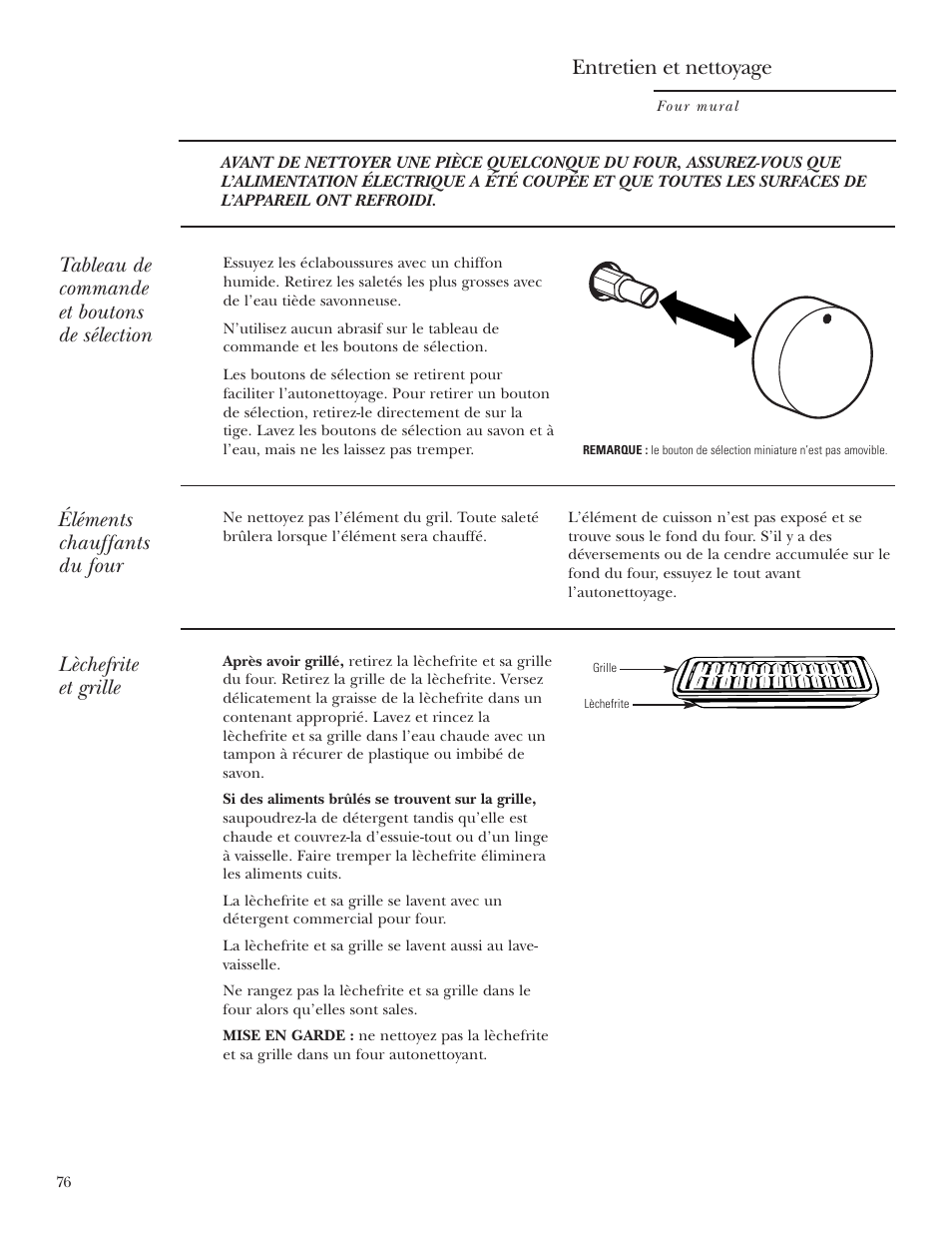 Lèchefrite et grille, Tableau de commande et boutons de sélection, Éléments chauffants du four | Entretien et nettoyage | GE Monogram ZET2S User Manual | Page 76 / 128