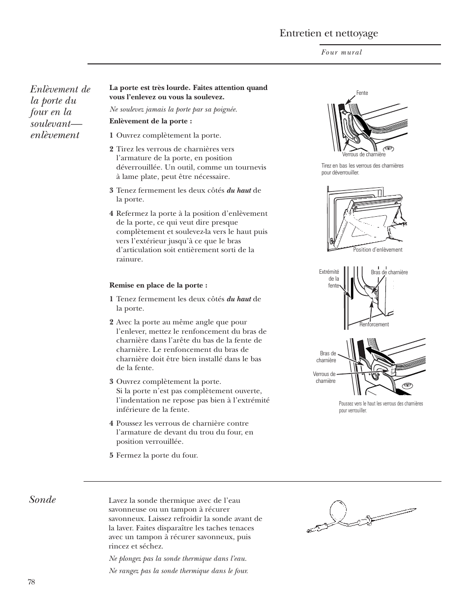 Porte du four, Sonde, Porte du four , 80 sonde | Entretien et nettoyage | GE Monogram ZET2S User Manual | Page 78 / 128