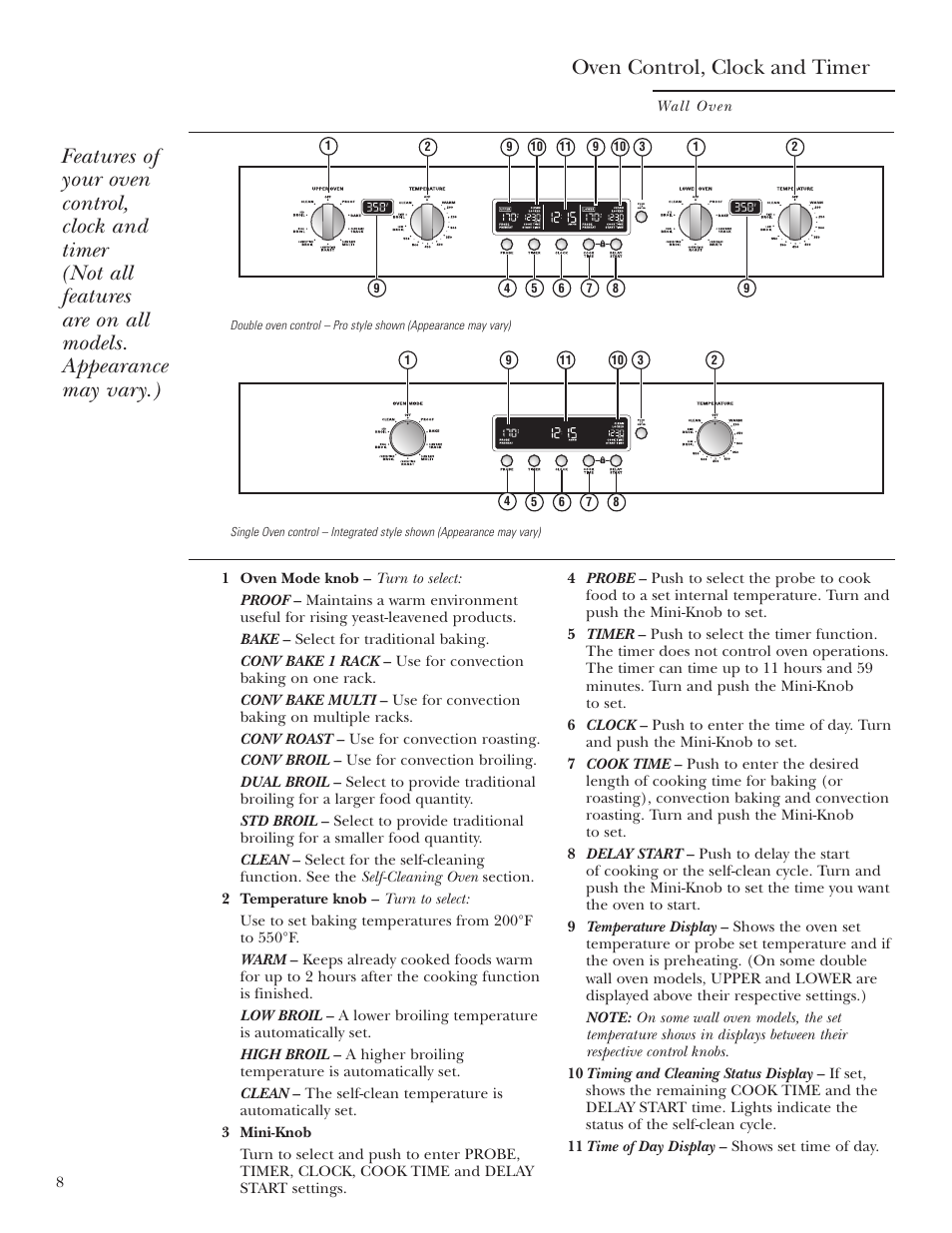 Controls, Controls , 9, 12, 14, 16, 18, 19, Oven control, clock and timer | GE Monogram ZET2S User Manual | Page 8 / 128