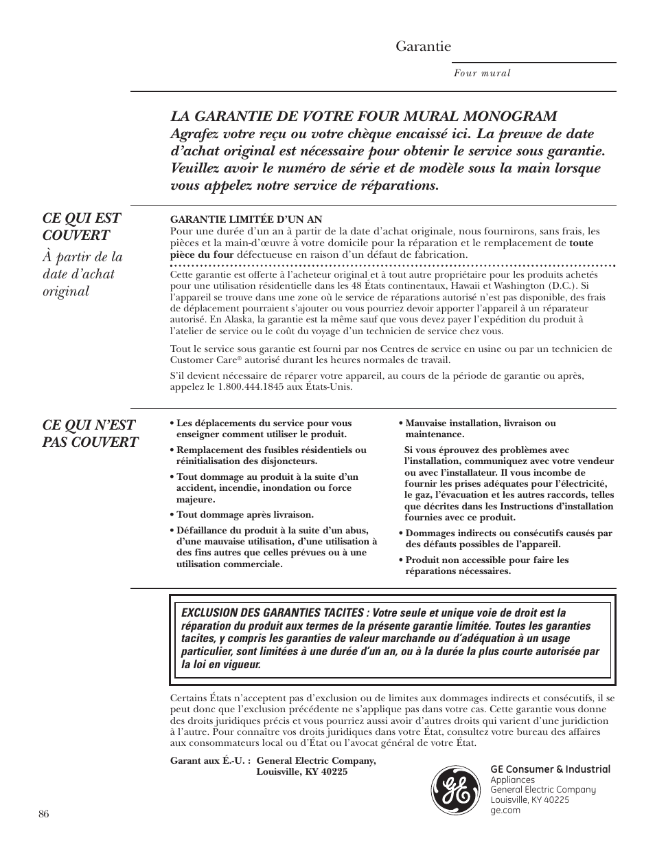 Garantie, Ce qui n’est pas couvert | GE Monogram ZET2S User Manual | Page 86 / 128