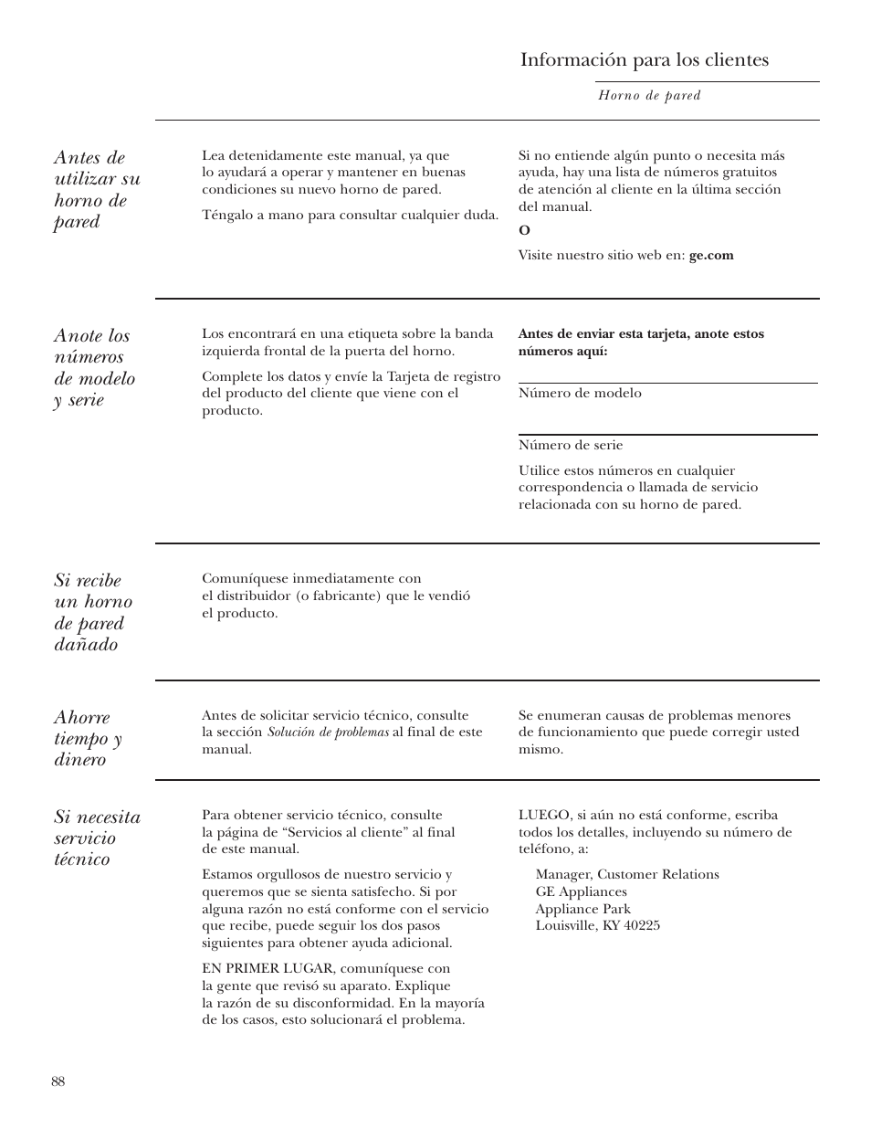 Modelo y número de serie, Registro del producto, Registro del producto , 125, 126 | Antes de utilizar su horno de pared, Si recibe un horno de pared dañado, Ahorre tiempo y dinero, Si necesita servicio técnico, Información para los clientes | GE Monogram ZET2S User Manual | Page 88 / 128