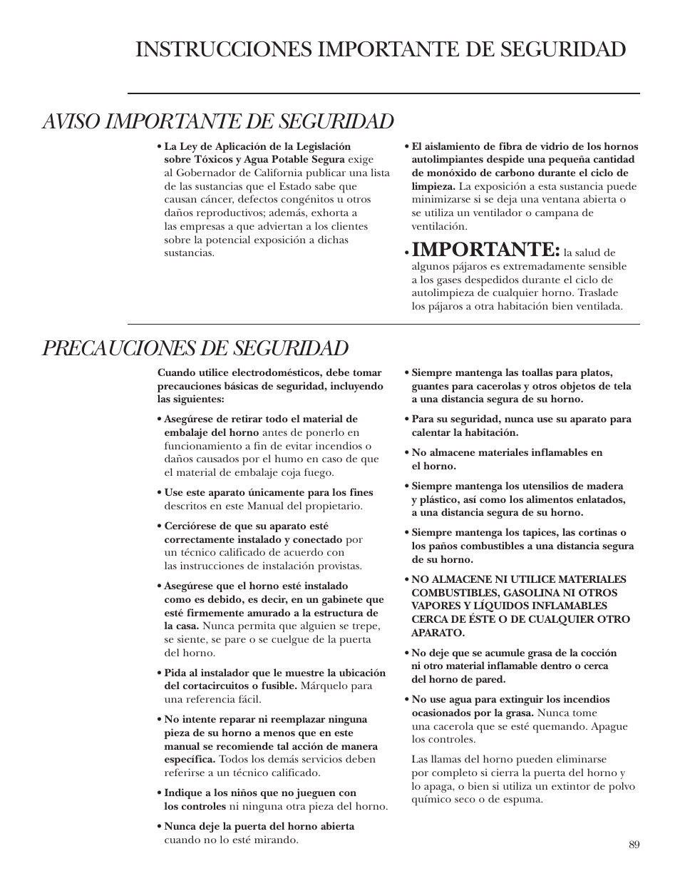 Instrucciones de seguridad, Instrucciones de seguridad –91, Precauciones de seguridad | Importante | GE Monogram ZET2S User Manual | Page 89 / 128