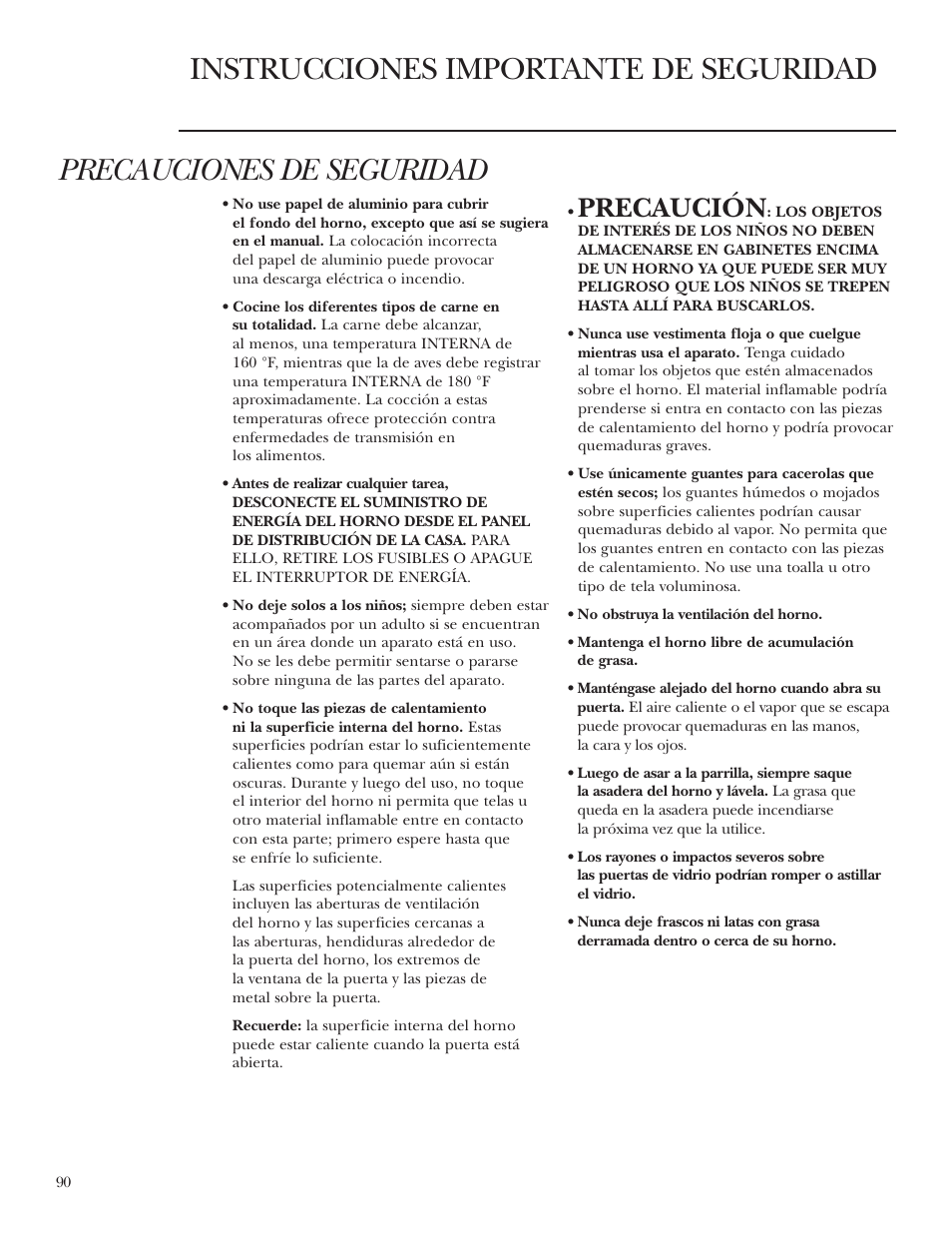 Precauciones de seguridad, Instrucciones importante de seguridad, Precaución | GE Monogram ZET2S User Manual | Page 90 / 128