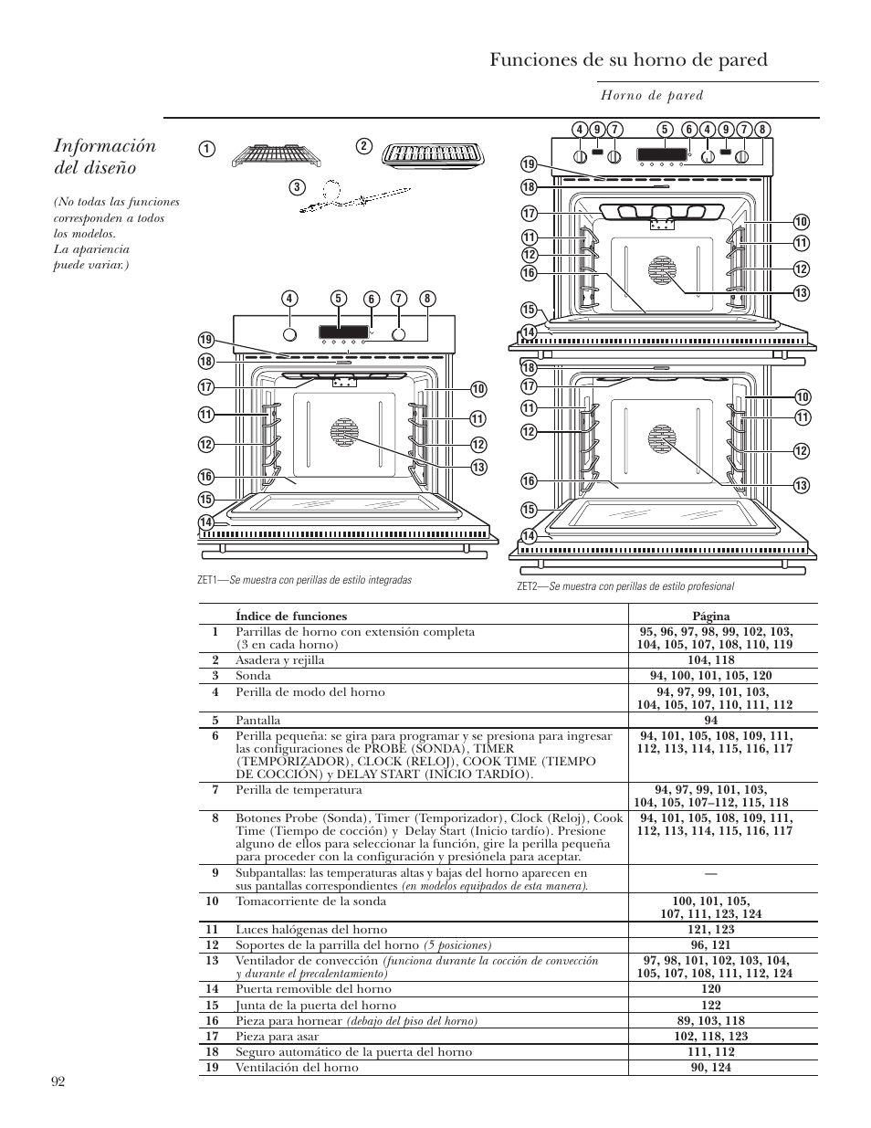 Funciones, Funciones de su horno de pared, Información del diseño | GE Monogram ZET2S User Manual | Page 92 / 128