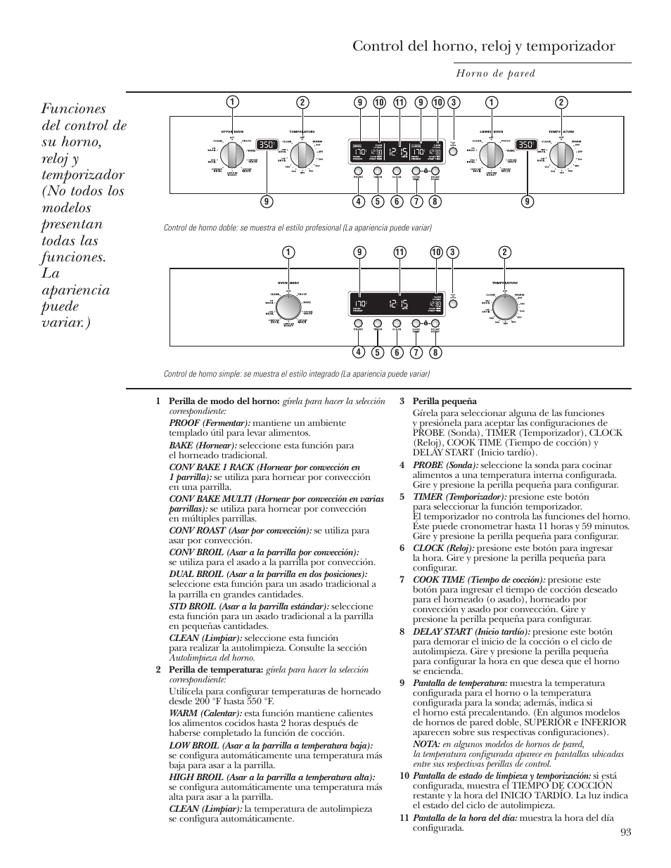 Controles, Controles , 94, 97, 99, 101, 103, 104, Control del horno, reloj y temporizador | GE Monogram ZET2S User Manual | Page 93 / 128