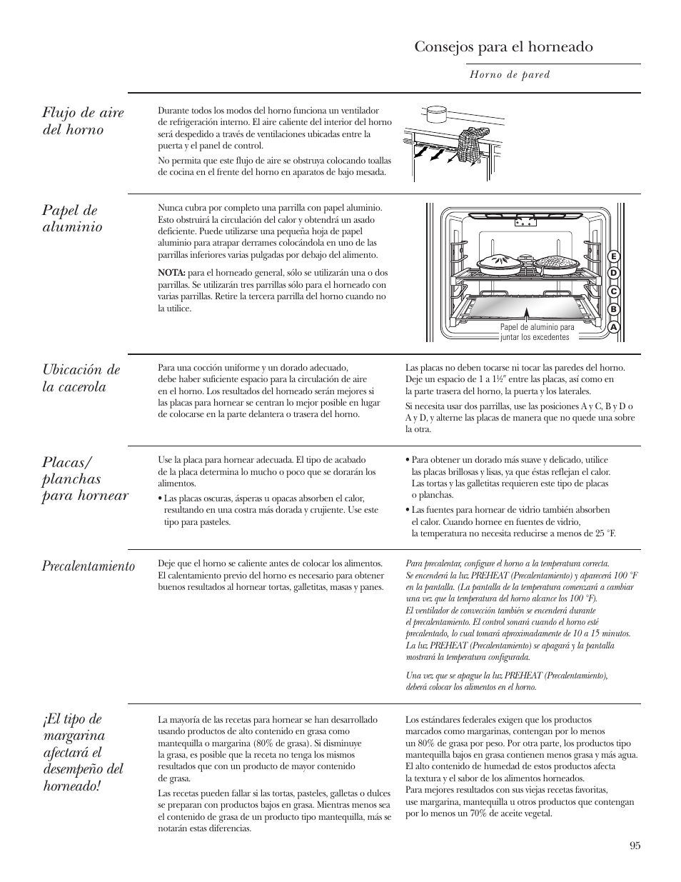 Papel de aluminio, Papel de aluminio , 98, 107, Consejos para el horneado | Ubicación de la cacerola, Precalentamiento papel de aluminio, Flujo de aire del horno, Placas/ planchas para hornear | GE Monogram ZET2S User Manual | Page 95 / 128