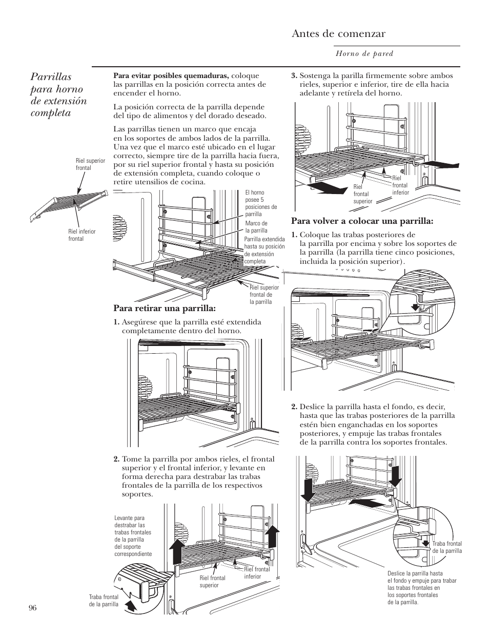 Parrillas, Antes de comenzar, Parrillas para horno de extensión completa | Para retirar una parrilla, Para volver a colocar una parrilla | GE Monogram ZET2S User Manual | Page 96 / 128