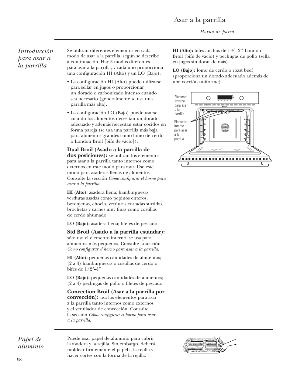 Asar a la parilla, Asar a la parilla , 99, Papel de aluminio | Asar a la parrilla, Introducción para asar a la parrilla | GE Monogram ZET2S User Manual | Page 98 / 128