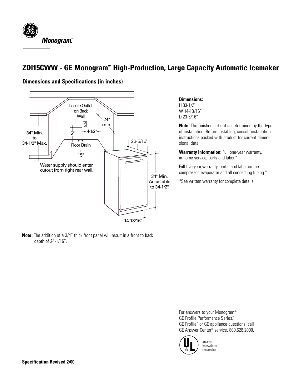 GE Monogram ZDI15CWW User Manual | 3 pages