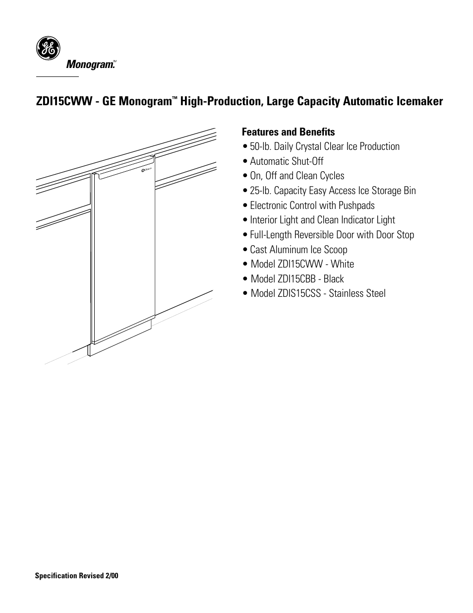 Zdi15cww - ge monogram, High-production, large capacity automatic icemaker, Monogram | GE Monogram ZDI15CWW User Manual | Page 3 / 3