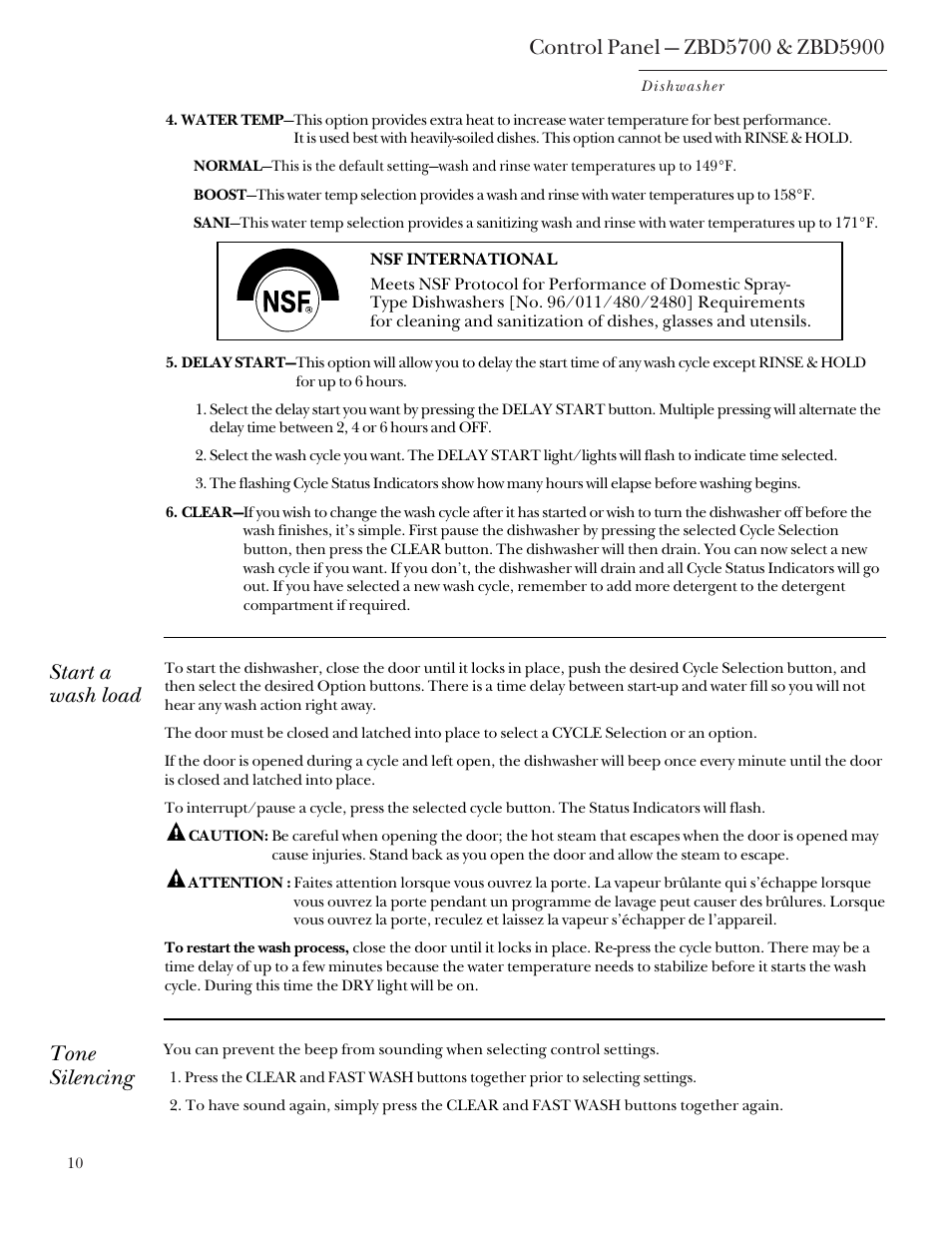 Start a wash load, Tone silencing | GE Monogram ZBD5700 User Manual | Page 10 / 28