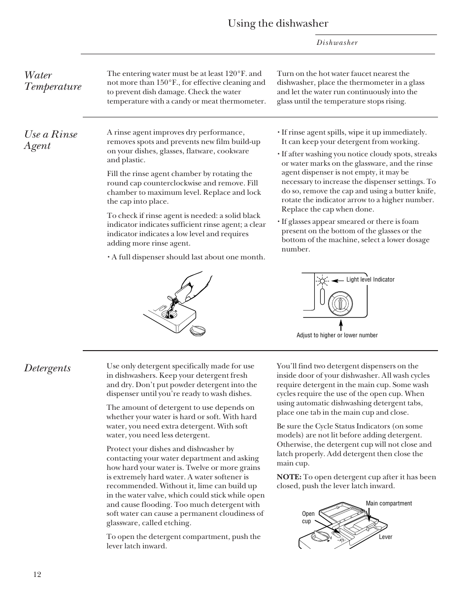 Water temperature, Rinse agent, Detergents | Water temperature rinse agent detergents, Using the dishwasher, Use a rinse agent | GE Monogram ZBD5700 User Manual | Page 12 / 28