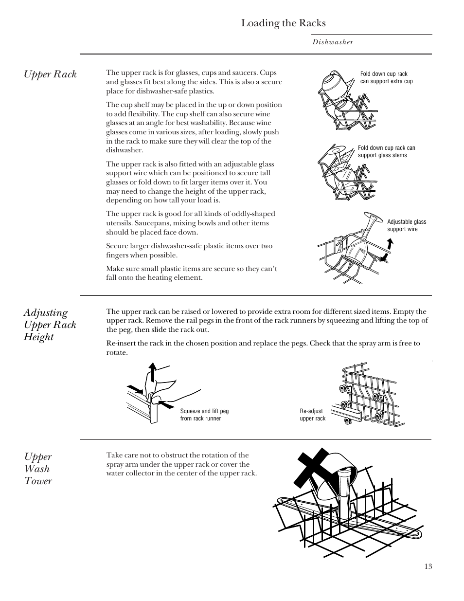 Dishwasher racks, Dishwasher racks , 14, Loading the racks | Upper rack, Upper wash tower, Adjusting upper rack height | GE Monogram ZBD5700 User Manual | Page 13 / 28