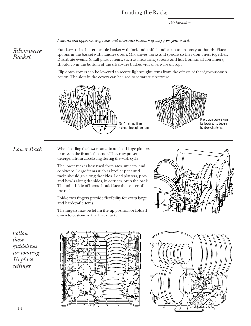 Silverware basket, Loading the racks | GE Monogram ZBD5700 User Manual | Page 14 / 28