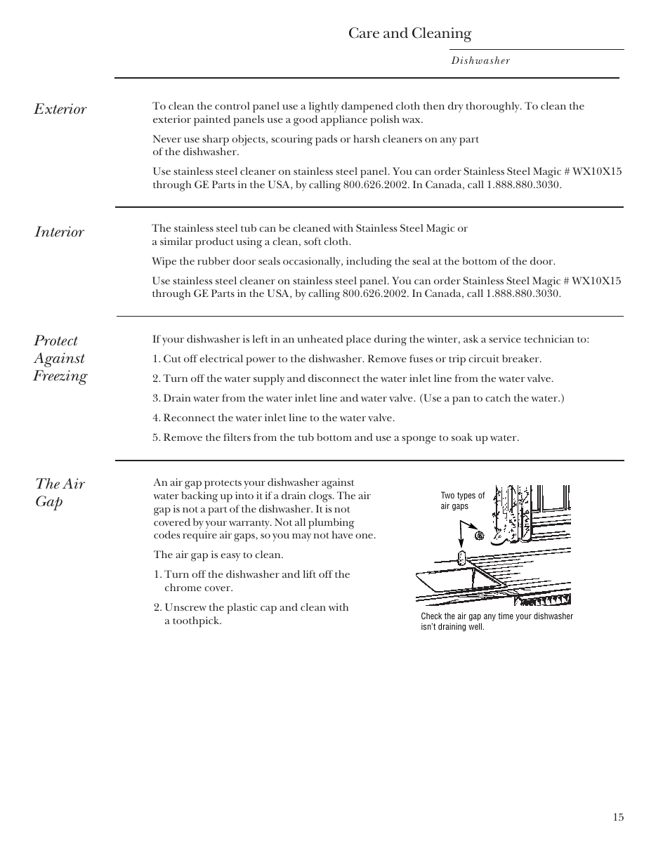 Care and cleaning, Care and cleaning –18, Exterior | Protect against freezing, The air gap, Interior | GE Monogram ZBD5700 User Manual | Page 15 / 28