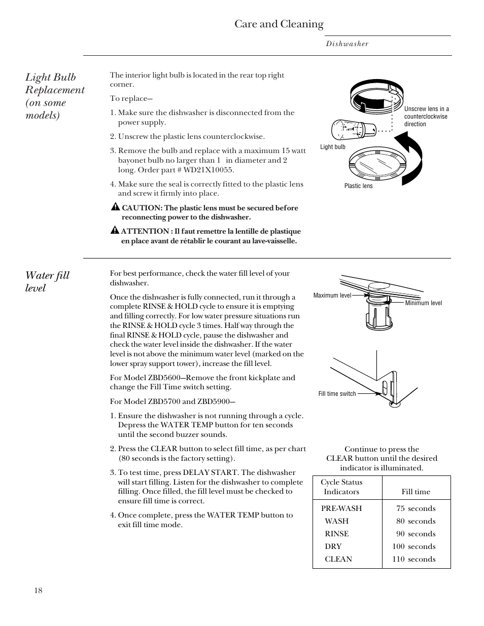 Care and cleaning, Light bulb replacement (on some models), Water fill level | GE Monogram ZBD5700 User Manual | Page 18 / 28
