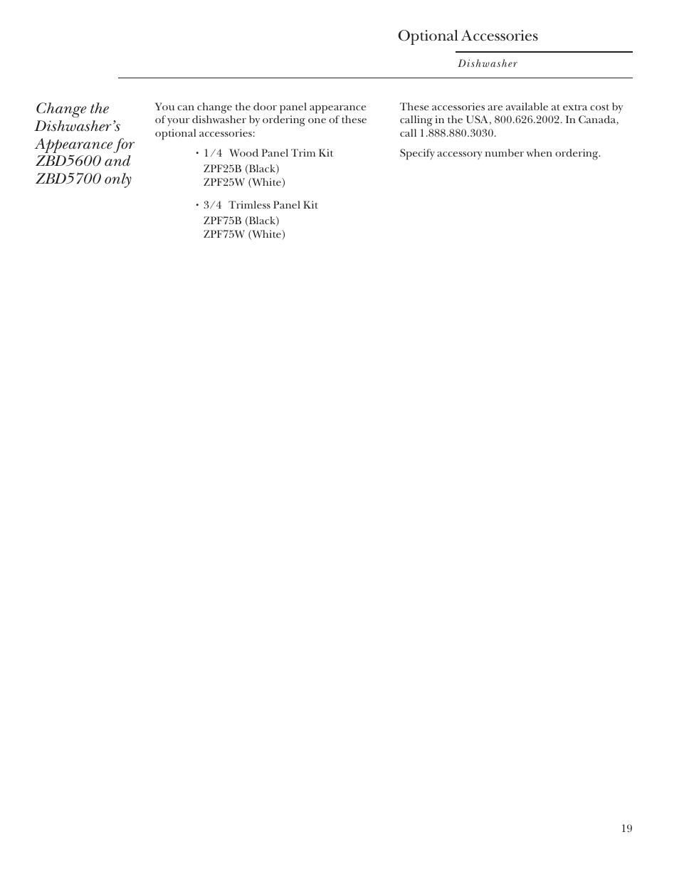 Optional accessories | GE Monogram ZBD5700 User Manual | Page 19 / 28