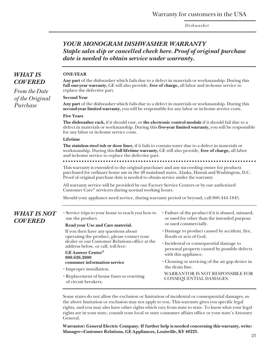 Usa warranty, What is not covered, Warranty for customers in the usa | GE Monogram ZBD5700 User Manual | Page 25 / 28