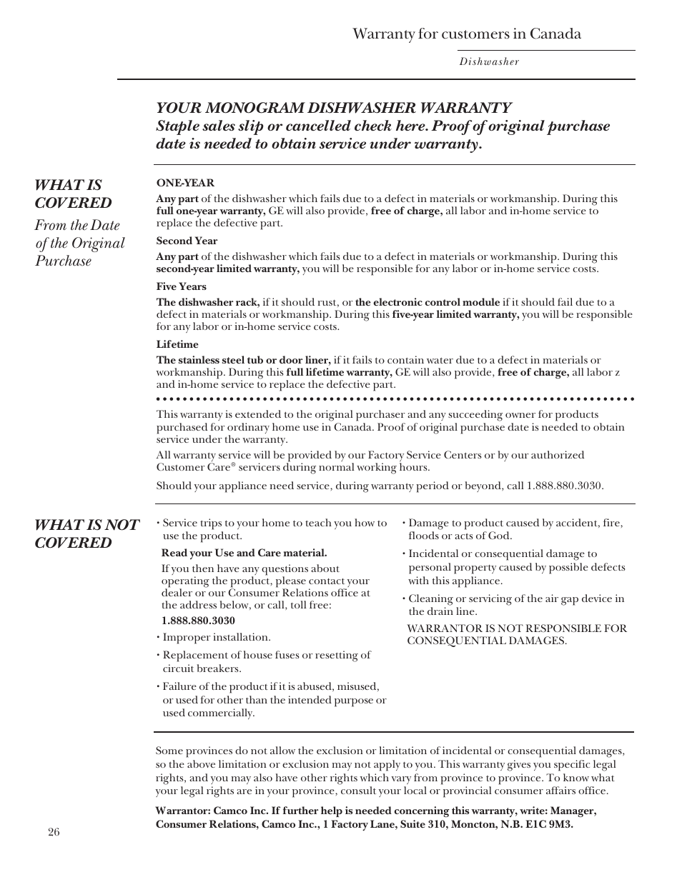 Canada warranty, Warranty for customers in canada, What is not covered | GE Monogram ZBD5700 User Manual | Page 26 / 28